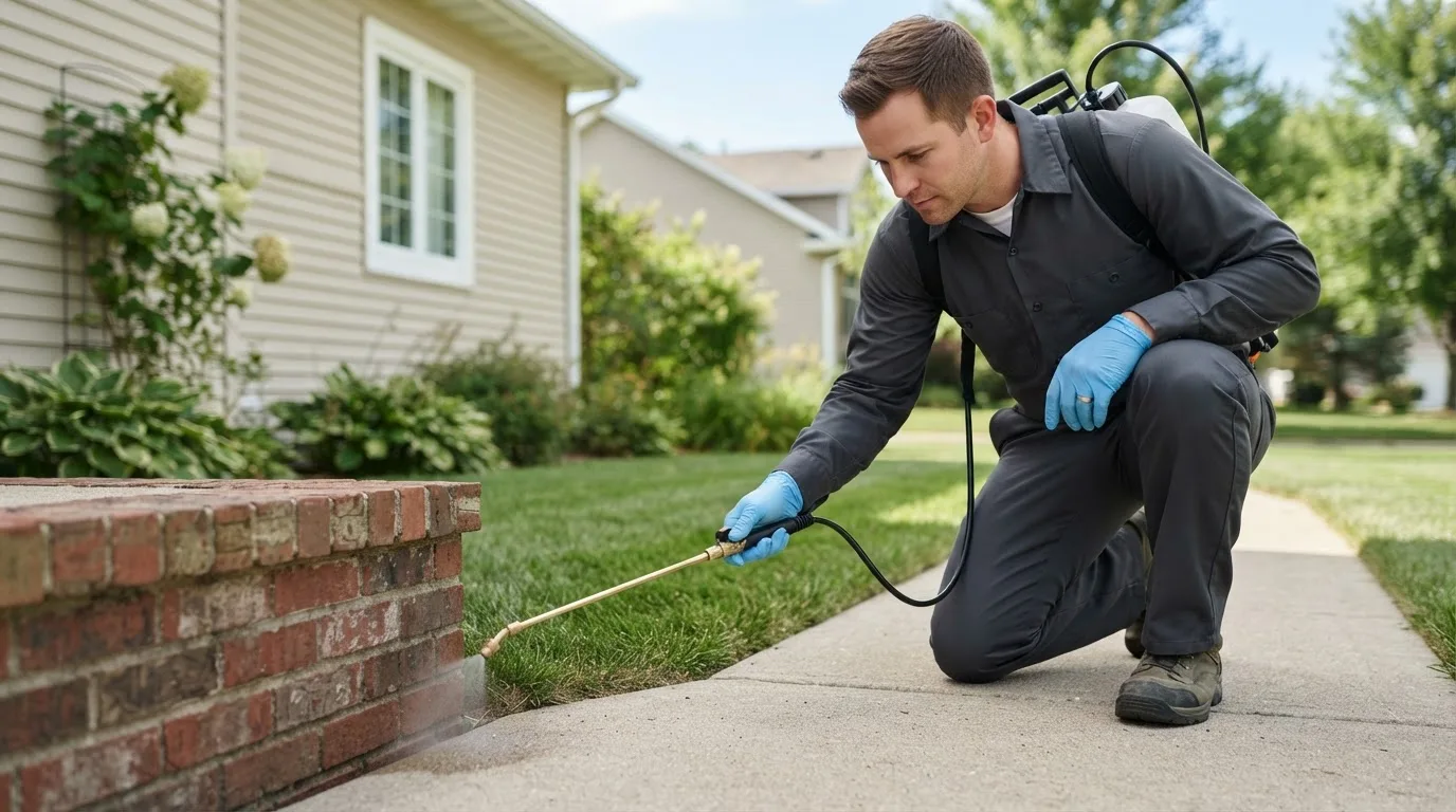Pest control technician treating a home near Winchester, VA